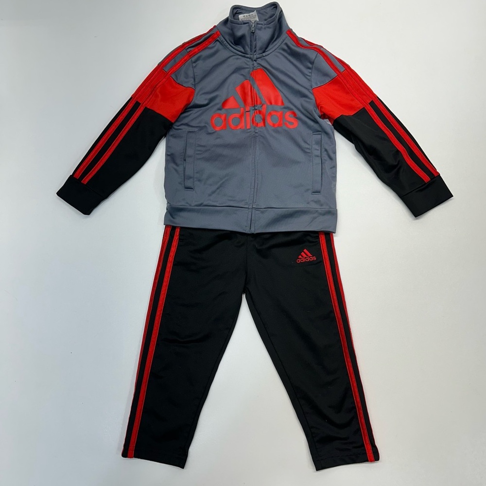 Adidas Two Piece Track Suit Pants Zip Up Jacket Black Gray Red Boys Size 3T